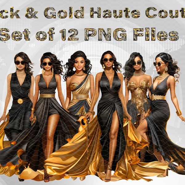 Premium Quality Black & Gold High End Fashion Haute Couture Clipart Bundle- Set of 12 PNG files, Transparent Background. HD, Digital Profuct
