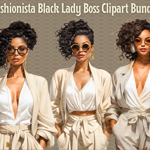Premium Black Lady Boss, White Suit, Fashion Clipart Bundle, 24 PNG File, HD Quality, Instant Download, Digital Product, No BG, No Watermark