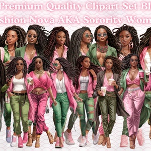 Luxe Sorority Style Clipart Set - 28 Premium Fashion Nova & Alpha Kappa Alpha thema zwarte vrouwen illustraties, transparante BG, geen watermerk