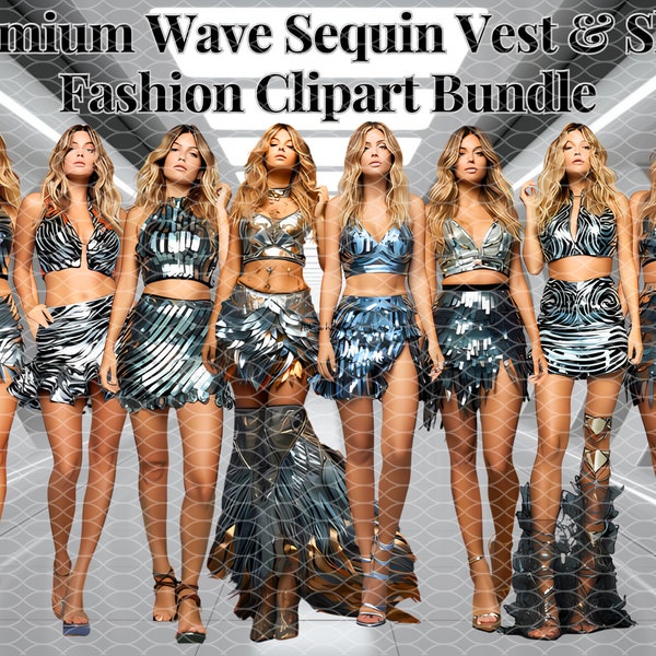 Premium Wave Sequin Vest And Skirt High Fashion Clipart Bundle - Set of 8N HD PNG. Transparent Background, Instant Download, Digital Product