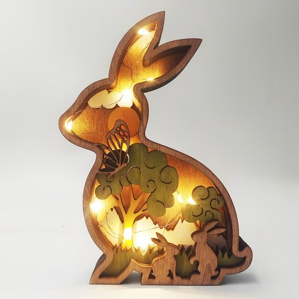 Lapin de Pâques 3D sculpté à la main avec des lumières, papillon/lapin/oiseau/poule de printemps brillant en bois, lampe animale personnalisée, artisanat d’animaux en bois, décoration intérieure