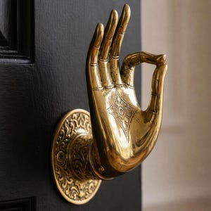 Peut inclure: Un heurtoir de porte en laiton en forme de main faisant le geste « ok », monté sur une porte noire. La main présente des détails complexes et est fixée à une base circulaire décorative avec des motifs ornés. La porte est peinte en noir.