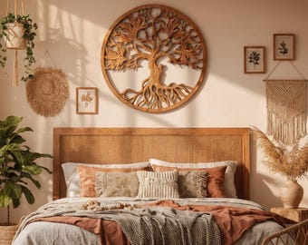 Wooden Tree of Life Wall Art 1m, Large Handcrafted Suar Wood Wall Hanging, Rustic Nature Inspired Wall Sculpture for Living Room Decor