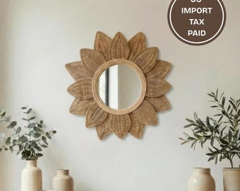 Rattan Sunburst Mirror Boho Wall Mirror Handmade Wicker Floral Mirror Natural Home Decor Holiday Gift Housewarming gift