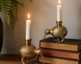 Brass Kiwi Bird Candle Holder, Antique Brass Taper Candle Stand, Vintage Brass Home Decor, Whimsical Bird Figurine, Nature Lover Gift