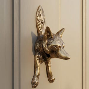 May include: A brass-colored metal door knocker shaped like a fox. The fox is depicted in a leaping or pouncing position with its head extended forward, ears pointed, and tail raised vertically. The surface features detailed engraved fur textures.