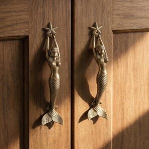 Mermaid Door Handle Brass Pull in Gold Vintage decor Antique decor Whimsical Home Decor Housewarming gift