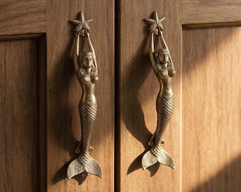 Mermaid Door Handle Brass Pull in Gold Vintage decor Antique decor Whimsical Home Decor Housewarming gift