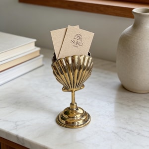 Vintage Brass Shell Desk Organizer, Scallop and Clam Aesthetic Holder for Business Cards, Keys, Pens & Small Items for Hotel Restaurant Shop