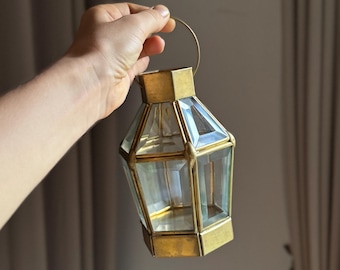 Hexagonal Brass & Glass Lantern – Vintage Tealight Candle Holder with Hinged Door Hanging or Outdoor Decor for Home, Weddings and Events