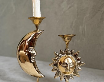 Vintage Brass Moon And Sun Candle Holder Set Of Two Celestial Decor Vintage Candle Stand Astrology Decor Brass Candlestick