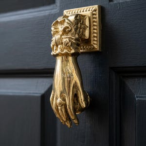 Könnte beinhalten: Ein Türklopfer aus poliertem Messing in Form einer Hand mit Ring, montiert an einer dunkelgrauen Tür. Die Hand zeigt eine Manschette mit Blumenmuster und der Schriftzug SUKO HOME ist auf der Handfläche eingraviert. Die quadratische Basis hat einen Perlenrand.