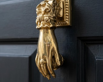 Brass Hand Door Knocker Victorian Hand Door Knocker Antique Brass Front Door Hardware, Gothic Entryway Decor Gift Housewarming Gift for Home