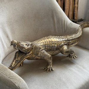 Gold Brass Crocodile Statue Exotic Animal Figurine for Home Decor Jungle Theme Accent Safari Gift Luxury Shelf Father&#39;s Day Gift