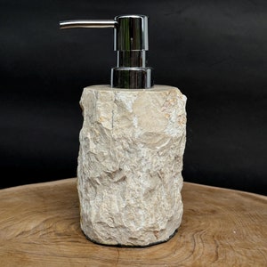Handcrafted Natural Stone Soap Dispenser Elegant Bathroom Accessory with Chrome Pump, Unique Rustic Design for Kitchen or Vanity Decor