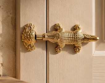 Gold Crocodile Door Latch, Brass Alligator door lock Animal toilet bolt covers Gate latch Housewarming gift