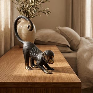 Op de afbeelding: Een bronzen aapbeeldje met gouden accenten, geplaatst op een houten oppervlak. De aap staat in een kruipende positie, met zijn staart opgerold. Het beeldje heeft de tekst "SUKO HOME". Een vaas met olijftakken staat op de achtergrond.