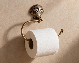Brass Toilet Paper Holder Shell Bathroom Decor Gold Wall Mounted Toilet Roll Holder Coastal Vintage Bathroom Hardware Nautical Decor