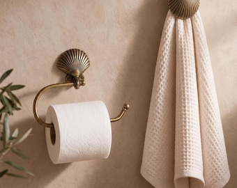 Brass Shell Bathroom Set, Toilet Paper Holder and Decorative Shell Clip, Antique Brass Bathroom Hardware, Coastal Vintage Bathroom Decor