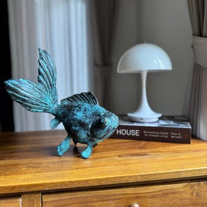 Patina Antique Brass Fish Statue Large Verdigris Fish Figurine Coastal Nautical Decor, Feng Shui Lucky Fish, Father’s Day Gift