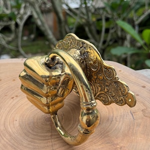 May include: Ornate brass door handle with a decorative backplate. The handle features a curved design and a detailed, textured surface. The brass has a polished finish, reflecting light. The handle is likely for a cabinet or door.
