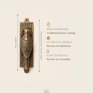 May include: A brass door knocker shaped like a bird on a rectangular backplate. Text includes Size & features, 100% HANDMADE Traditional brass casting, AUTHENTIC DESIGN, EASY TO INSTALL, and SUKO HOME. Dimensions are 10.63 inches total and 9.06 inches screw to screw.