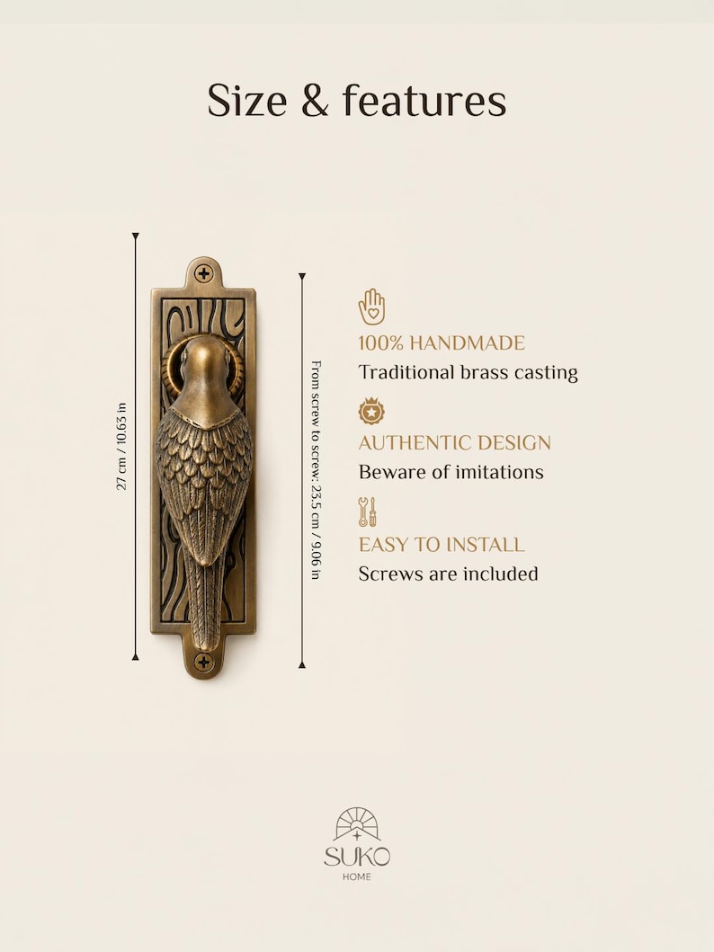 May include: A brass door knocker shaped like a bird on a rectangular backplate. Text includes Size & features, 100% HANDMADE Traditional brass casting, AUTHENTIC DESIGN, EASY TO INSTALL, and SUKO HOME. Dimensions are 10.63 inches total and 9.06 inches screw to screw.
