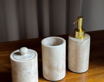 Juego de baño de mármol: tocador de piedra de 3 piezas, soporte para cepillo de dientes, tarro de algodón, dispensador de jabón, decoración minimalista para el baño.