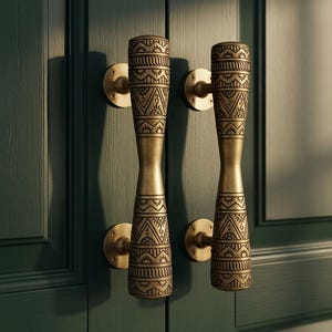 May include: Two brass door handles with intricate geometric patterns are mounted on a dark green door. The handles have a cylindrical shape with a flared base and top, and are attached to the door with round brass plates.