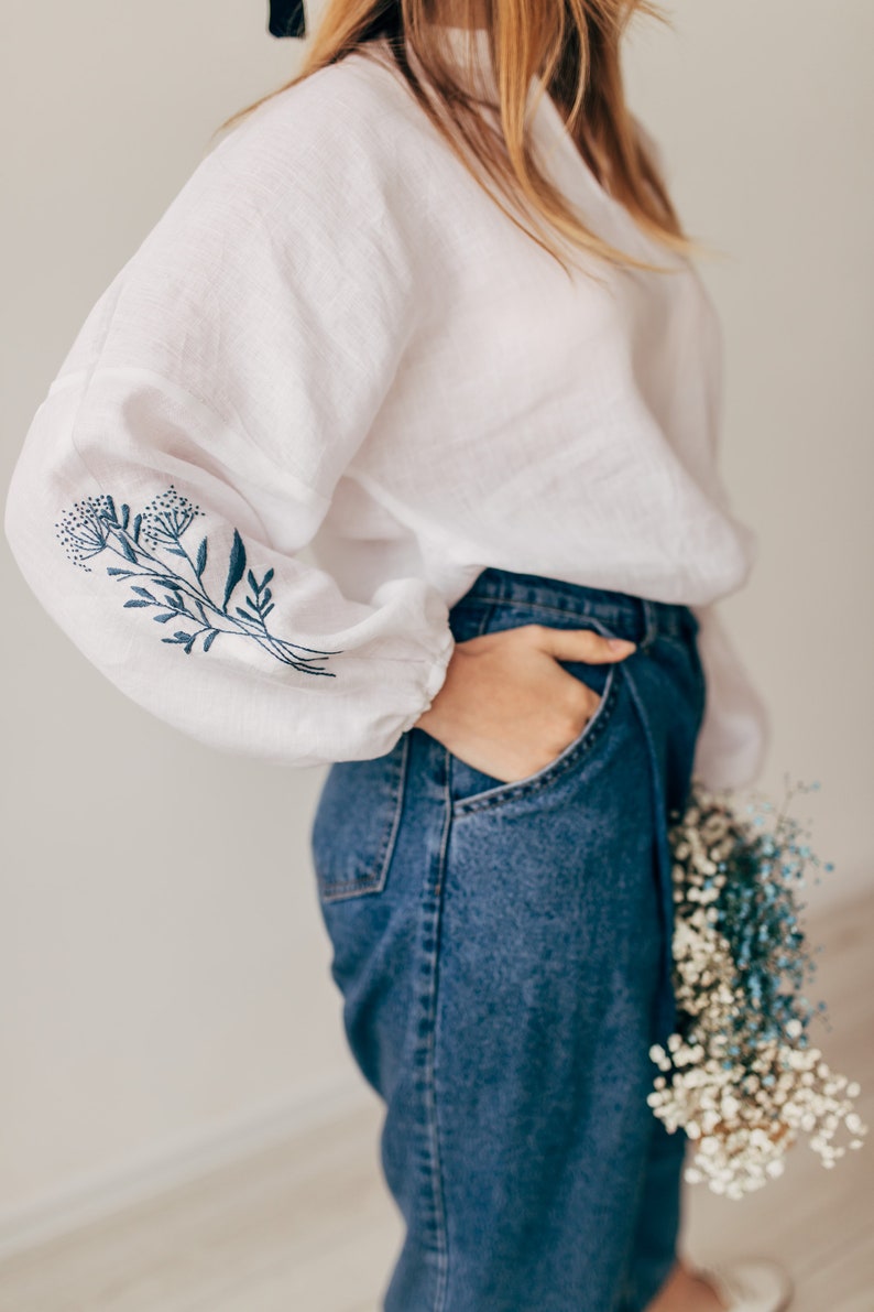 Linen embroidered blouse, Ukrainian traditional vyshyvanka Ukrainian Shirt Embroidery, Folk modern Vyshyvanka image 4