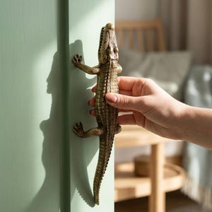 Brass Alligator Door Handle Whimsical Home Decor Animal Wall Hanger Jungle Bathroom Decor Crocodile Hardware Decor for Entryway
