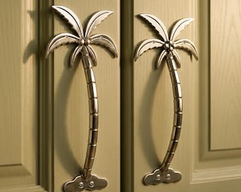 Palm Tree Door Handle Brass Vintage Tropical Pull Handle Coastal Cabinet Handle Jungle Decor Decorative Palm Hardware
