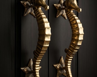 Mermaid and Seahorse Door Handle Set, Brass Ocean Inspired Door Pulls, Coastal Nautical Hardware, Gold Vintage Home Decor