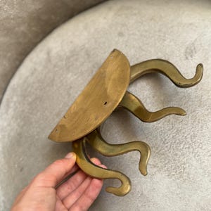 May include: A vintage brass wall-mounted coat rack. It features a half-circle backplate and four curved hooks. The rack has a warm, golden hue and a unique, stylized design. The hooks are curved and resemble stylized tentacles.