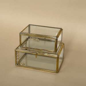 Glass & Brass Jewelry Box Set, Vintage Trinket Storage for Rings Earrings Keepsakes Elegant gift for girlfriend, photography prop