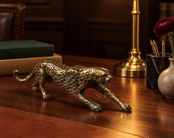 Solid Brass Jaguar Figurine, Vintage Animal Sculpture Whimsical Home Decor, Coffee Table Accent