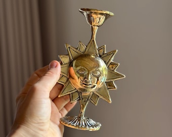 Celestial Brass Sun Candleholder, Antique home decor Unique Gift from Bali Candlestick Vintage candle stick Altar decor, Housewarming Gift