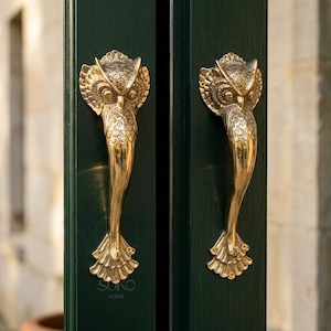May include: Two polished brass door handles shaped like owls, mounted vertically on a dark green door. Each handle features detailed feather engravings on the owl's head and body, with a flared tail base. The text SOKO HOME is visible below.