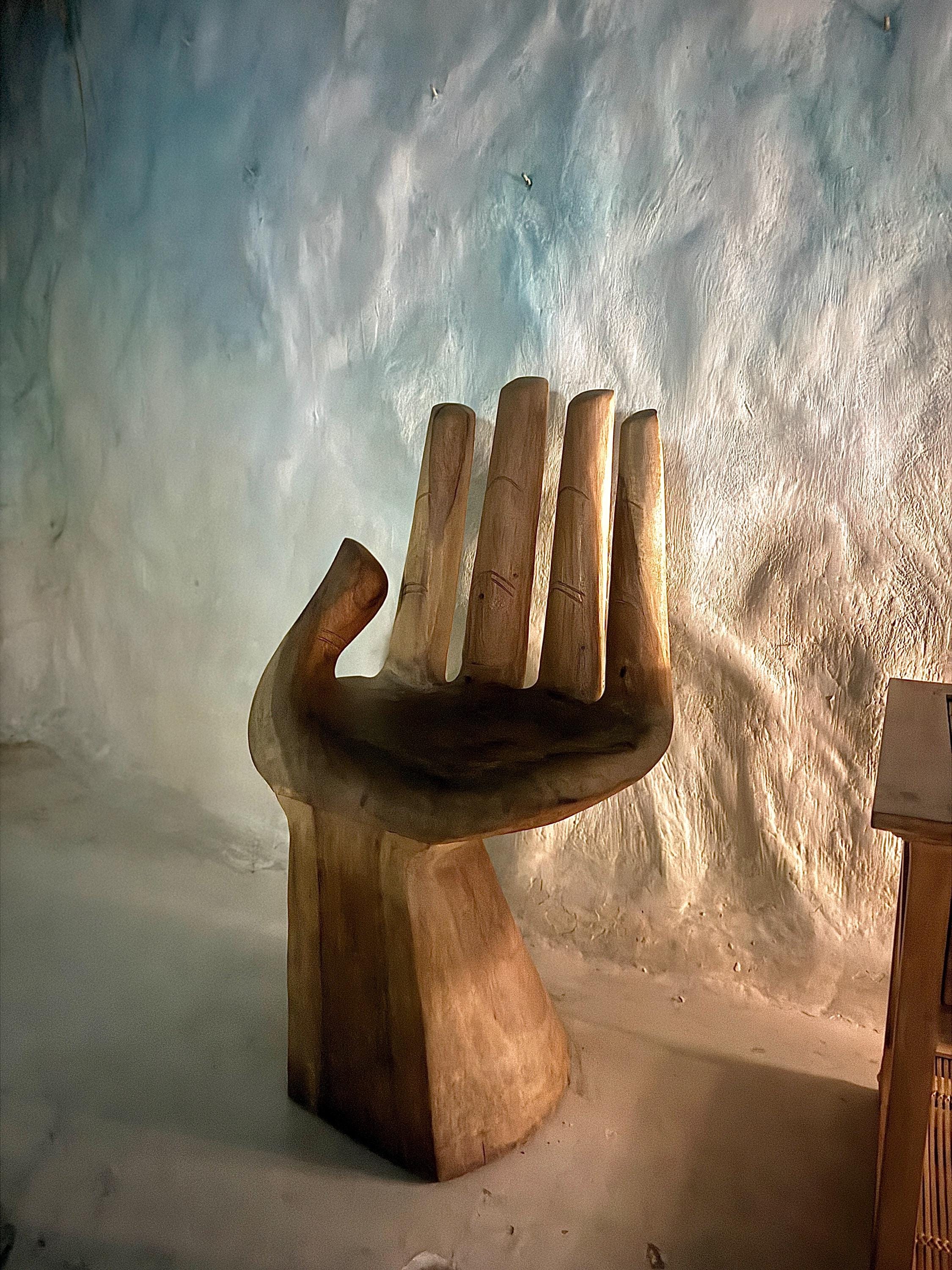 Hand-shaped Wooden Chair Open Palm or Mudra Design, 90cm Statement