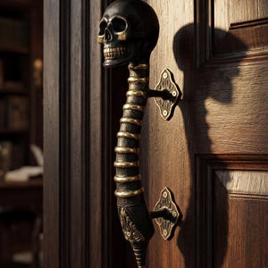 Könnte beinhalten: Schwarzer und goldfarbener Türgriff in Schädelform. Der Griff ist an einer dunklen Holztür mit dekorativen Beschlägen befestigt. Die goldenen Akzente unterstreichen das gotische oder Halloween-Thema.
