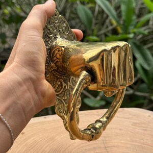May include: A brass door knocker in the shape of a fist. The knocker has a detailed, ornate backplate with a decorative design. The fist is smooth and polished, with a ring-shaped handle. The knocker is held against a wooden surface.