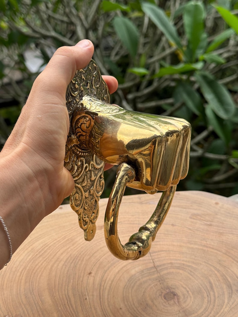 May include: Ornate brass door knocker with a rectangular striking plate and a curved handle. The knocker features detailed scrollwork and a polished, reflective surface, showcasing a vintage aesthetic.