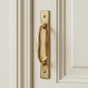 May include: A brass door pull with a curved handle, mounted on a rectangular backplate. The hardware is attached to a white paneled door with visible screw heads. The overall design is classic and elegant.