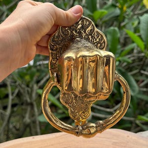 May include: A brass door knocker in the shape of a fist, with an ornate backplate and a curved handle. The knocker is held in a hand against a backdrop of green foliage.