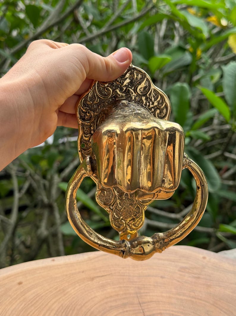 May include: A brass door knocker in the shape of a fist, with an ornate backplate and a curved handle. The knocker is held in a hand against a backdrop of green foliage.