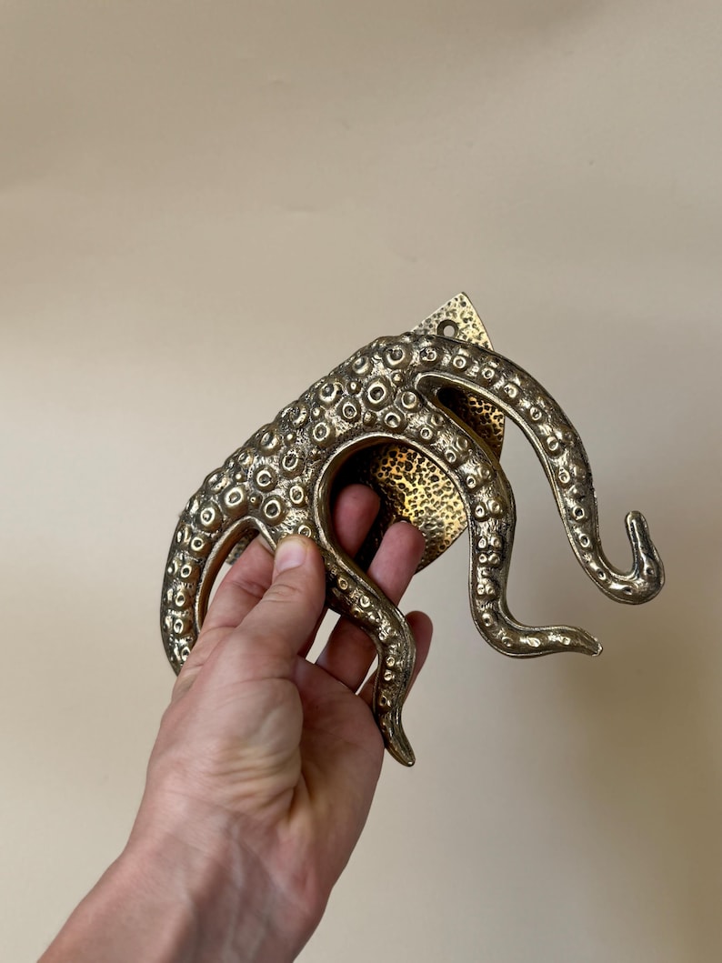 May include: A bronze-coloured octopus-shaped door handle. The handle has a textured surface with small circular details and curved tentacles. The handle is attached to a rectangular plate with a hammered finish.