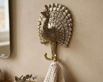 Brass Peacock Wall Hook, Bird Towel Hook Vintage Brass Coat Hook Animal Wall Decor Boho Bathroom Hook Whimsical Decor