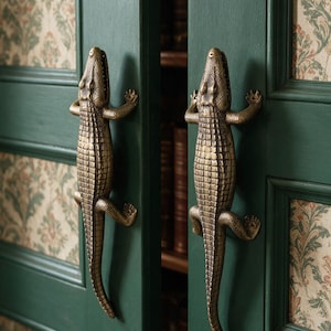 Dörrhandtag i mässing med alligatormotiv, 30 cm, fantasifullt heminredningsmaterial, djurvägghängare, djungel, badrumsdekor, krokodilbeslag, dekor för entré