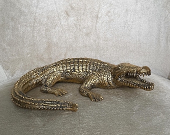 Gold Brass Crocodile Statue Exotic Animal Figurine for Home Decor Jungle Theme Accent Safari Luxury Shelf decor Father's Day Gift
