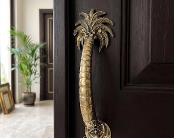 Brass Palm Tree Door Handles Set of 2 Vintage Tropical Door Pulls Decorative Statement Hardware for Front Door Cabinet